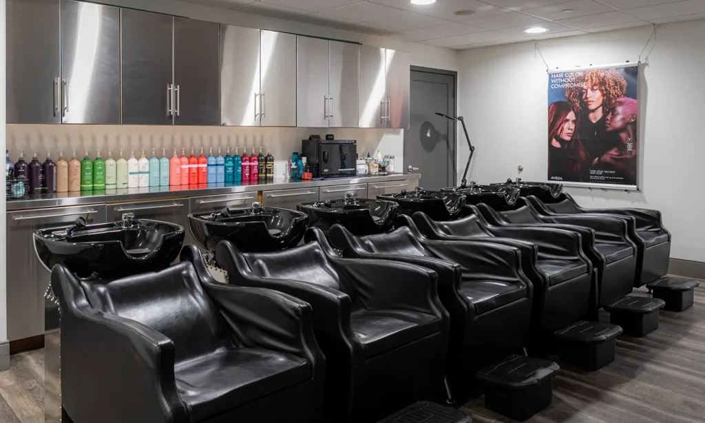 - Bella Capelli Sanctuario in Westlake, OH Row of black salon chairs with wash basins in front of cabinets and shelves holding various hair products; a poster hangs on the wall in the background. - Bella Capelli Sanctuario in Westlake, OH