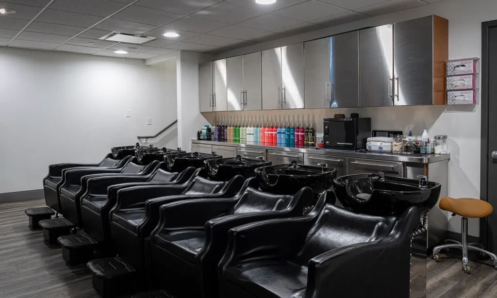 - Bella Capelli Sanctuario in Westlake, OH A row of black salon shampoo chairs faces wall-mounted sinks, with shelves of colorful hair products and cabinets in a modern, well-lit salon wash area. - Bella Capelli Sanctuario in Westlake, OH